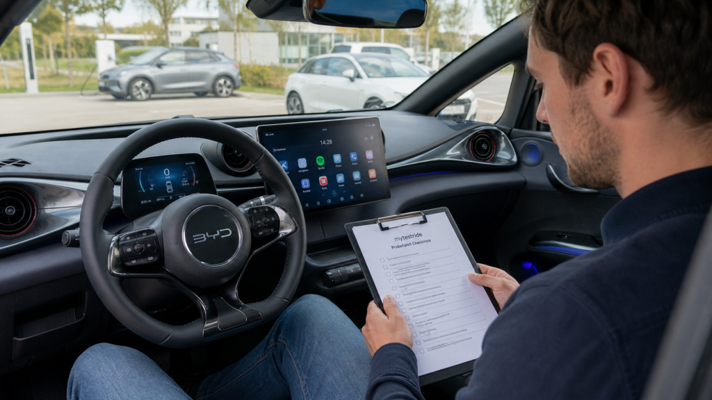 BYD Dolphin Probefahrt mit der mytestride Checkliste